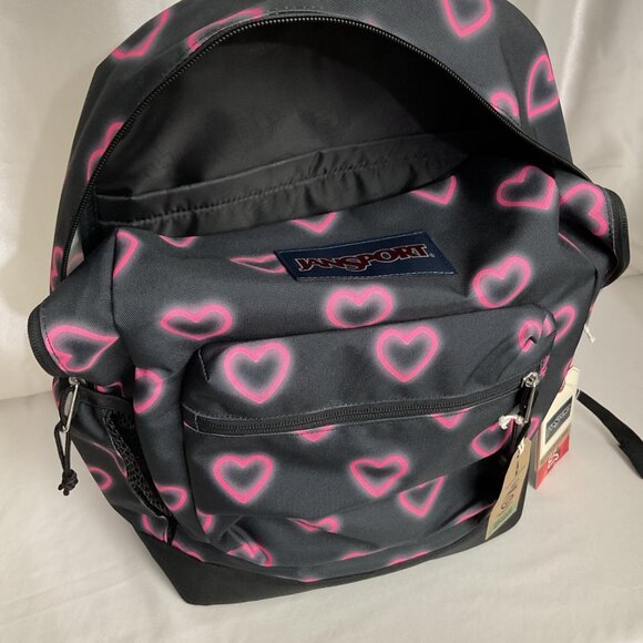 Jansport Superbreak Backpack Black W/ Pink Hearts Design 15" Laptop Sleeve Light - Picture 6 of 6
